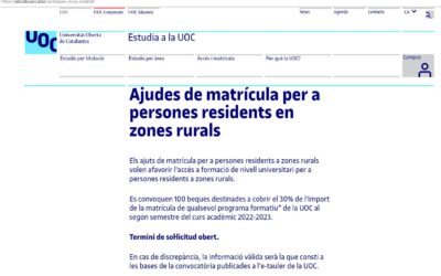 100 beques del 30% import matrícula en estudis UOC per residents en zones rurals